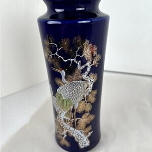Japanese China Vase Cobalt Gold Floral Cranes Mid-Century Modern 11 Ins.